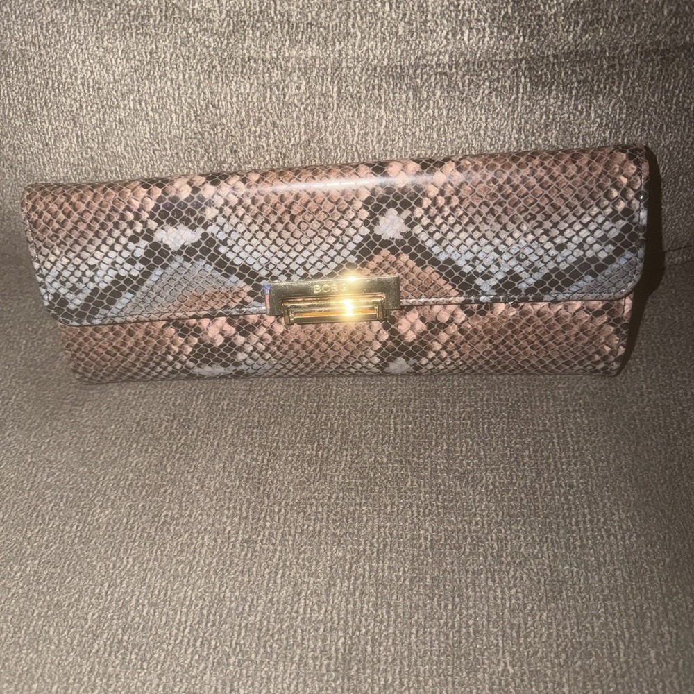 BCBG Snake Animal Print Faux Leather Folding Clutch Wallet Brown Pink Gray